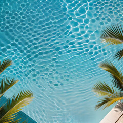 A close-up view from above of the pool water surface emitting ripples and sparkles, and palm leaves. 真上から見た一面の波打って輝くプールの水面とヤシの葉