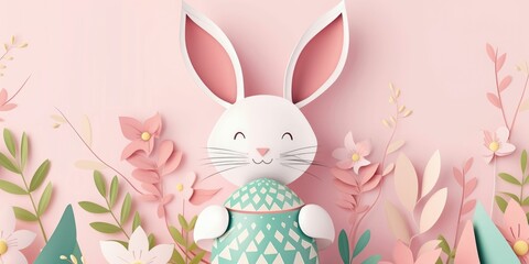 A paper rabbit is holding a colorful Easter egg and a beautiful flower to celebrate the happy event of Easter. The creative arts of plant and organism adaptation can be seen in this artwork AIG42E