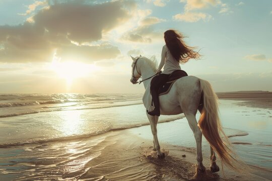 Beautiful woman riding a horse on the beach, Beautiful woman riding a white horse on the beach, Beautiful girl riding a horse on the beach in summer