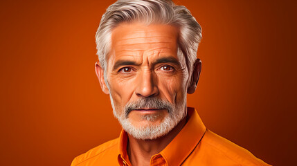 Handsome elderly elegant latino with gray hair, on orange background, banner, active old age. - obrazy, fototapety, plakaty