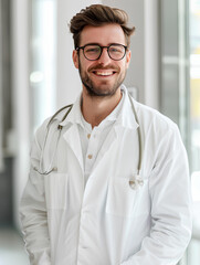 Smiling Young Male Doctor with Stethoscope, Modern Clinic Background