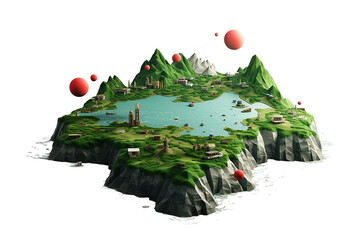 Magic island with the famous monuments, creative travel concept. isolated on a Transparent background. Generative AI