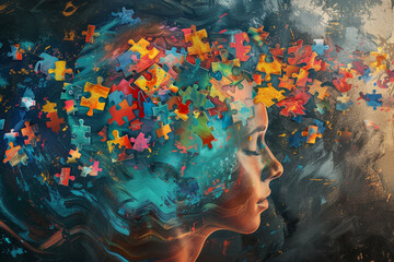 A woman's face is cut out of a puzzle, with birds flying around her head
