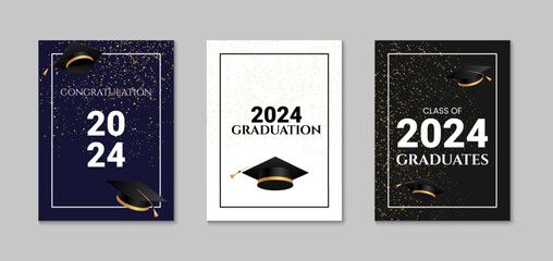 Graduation greeting card design. Celebration party invitation. Congratulations graduates class of 2024 poster. Vector illustration