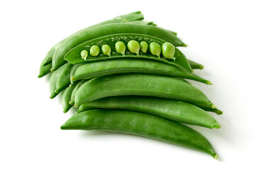 Pile of Sugar snap pea and peeled with seed inside isolated on white background. sugar snap pea belong to the leguminosae family. hard pods, seed large and pods are thick. sweet and crisp. - obrazy, fototapety, plakaty