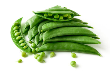 Pile of Sugar snap pea and peeled with seed inside isolated on white background. sugar snap pea belong to the leguminosae family. hard pods, seed large and pods are thick. sweet and crisp. - obrazy, fototapety, plakaty