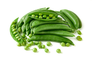 Pile of Sugar snap pea and peeled with seed inside isolated on white background. hard pods, seed large and pods are thick. sweet and crisp. - obrazy, fototapety, plakaty