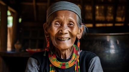 A close-up portrait of a smiling, happy elderly Asian woman from the Akha tribe in her home, Myanmar. The Indochina Peninsula is a multiethnic country.