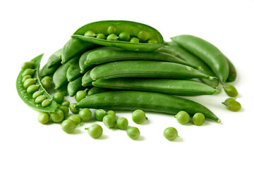 Pile of Sugar snap pea and peeled with seed inside isolated on white background. hard pods, seed large and pods are thick. sweet and crisp.