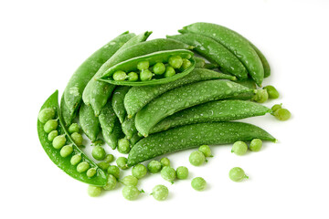 Pile of Sugar snap pea and peeled with seed inside and water droplets isolated on white background. sugar snap pea belong to the leguminosae family. seed large and pods are thick. sweet and crisp. - obrazy, fototapety, plakaty