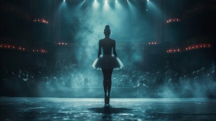 Ballet dancer poised on stage with audience and spotlight in theater