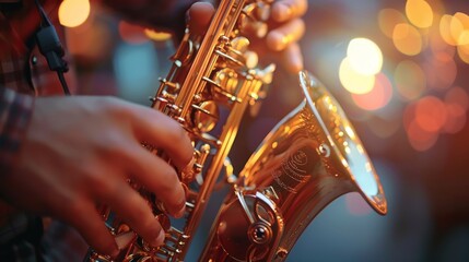Close-up of musician playing saxophone with bokeh lights in background - obrazy, fototapety, plakaty