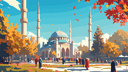 Muslim people in front of mosque illustration 2d fl - obrazy, fototapety, plakaty