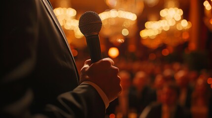 Speaker holding microphone with audience in the background at event venue