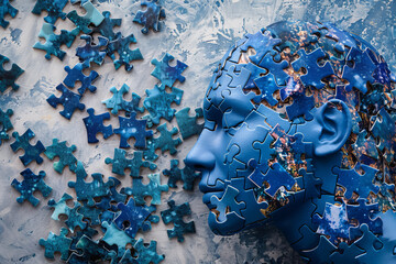 A puzzle of a face with blue pieces scattered around it