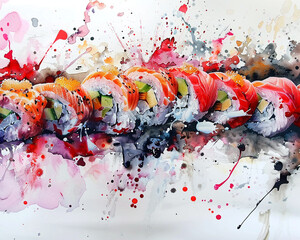 A captivating scene of hand-rolled sushi with an energetic splash of watercolor-like explosions enhancing its appeal