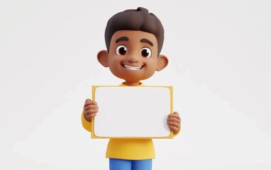 Character cartoon boy points to a blank sheet of paper. 3d rendering. Illustration for advertising.