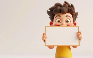 Character cartoon boy points to a blank sheet of paper. 3d rendering. Illustration for advertising.