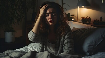 Woman lying in bed and feeling unwell having headache touching her head 
