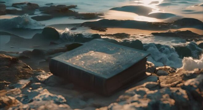 book on a rock at the edge of the beach footage