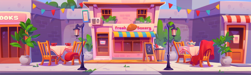 Bakery facade exterior with street cafe tables and chairs. Cartoon city landscape with restaurant outside - furniture with cup and teapot, seats with plaid, streetlights and trash can near entrance. - obrazy, fototapety, plakaty