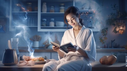 Portrait of woman in bathrobe sitting in kitchen with smartphone cooking dinner watching recipe on - obrazy, fototapety, plakaty