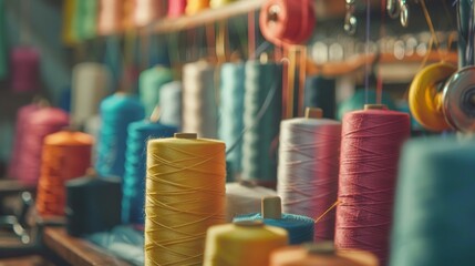Vibrant sewing threads and needlework tools, displayed in stunning 4K clarity, invite a closer look at the tailor's craft - obrazy, fototapety, plakaty