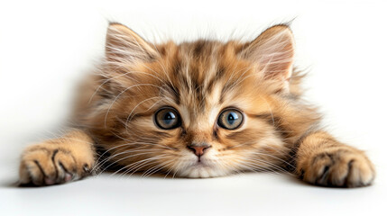 An adorable fluffy ginger kitten with captivating large blue eyes lying down on a soft surface, looking directly at the camera.