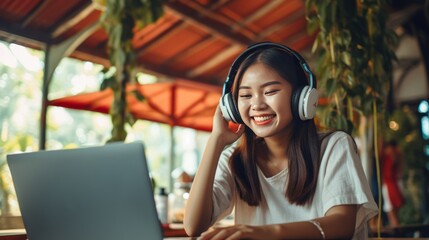 Smiling asian girl in headphones works on laptop digital nomad using computer on remote sitting on