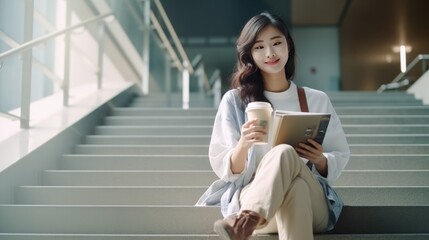 Vertical shot of asian girl sits with laptop drinks coffee on university stairs young woman student