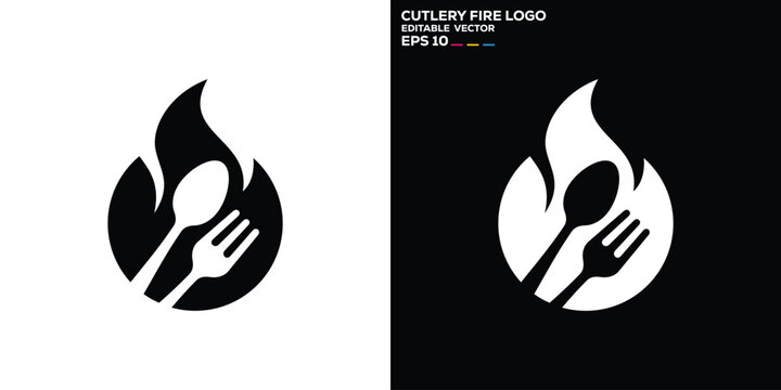 Vector design template of spoon, fork, fire logo, food, cutlery, hot, symbol icon EPS 10	