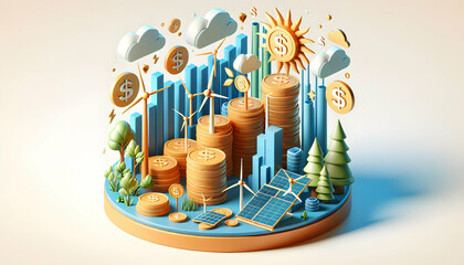 3d flat icon as Renewable Revenue Streams Banner illustrating the profitability of investing in renewable energy for businesses. in climate change theme with isolated white background ,Full depth of f - obrazy, fototapety, plakaty
