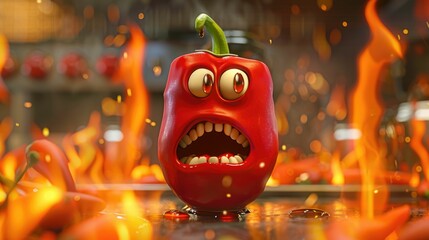 Spicy food warning for GERD patients, illustrated in a fiery 3D cartoon animation, emphasizing dietary caution - obrazy, fototapety, plakaty