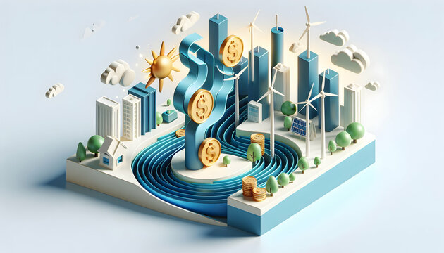 3d flat icon as Renewable Revenue Streams Banner illustrating the profitability of investing in renewable energy for businesses. in climate change theme with isolated white background ,Full depth of f