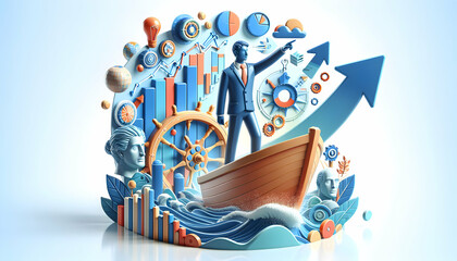 3d flat icon as Visionary Voyage An ad illustrating a visionary leader guiding a ship through market trends. in financial growth and innovation abstract theme with isolated white background ,Full dept - obrazy, fototapety, plakaty