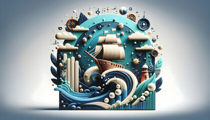 3d flat icon as Visionary Voyage Banner with a ship navigating through the sea of business challenges towards victory. in financial growth and innovation abstract theme with isolated white background 