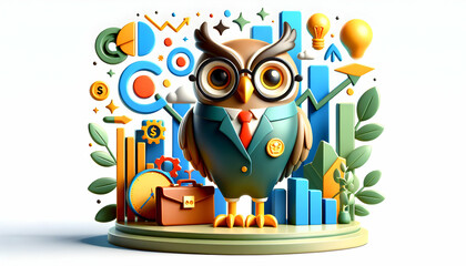 3d flat icon as Winning Wisdom An ad with an owl in business attire representing wise business decisions leading to success. in financial growth and innovation abstract theme with isolated white backg