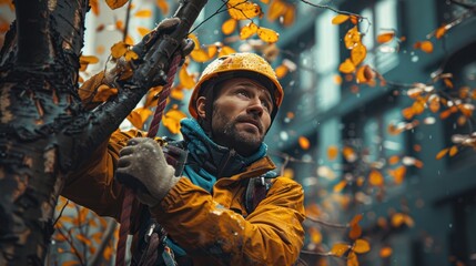 Fototapeta premium Arborist men working to trim trees.