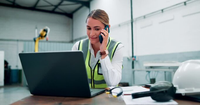 Phone call, woman and laptop in factory for communication, contact or information for work in industrial career. Female person, engineer or manager with mobile technology for planning or distribution