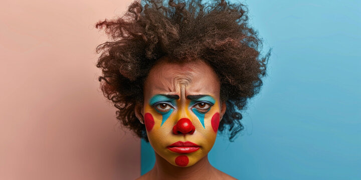 Unhappy depressed performer sadness depression melancholic expression make-up worried person costume actor backstage circus. African American woman with clown face exhausted circus joker emotions