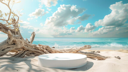Obraz premium A podium at a tropical beach with sand and driftwood against a blue sky background background for product photography
