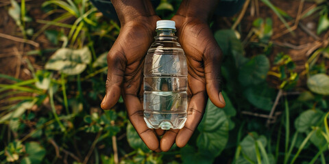 Draught in Africa, lack of clean water, world's global warming, climate change problem concept. African American hands top view of thirsty man with bottle of pure fresh drinking water 