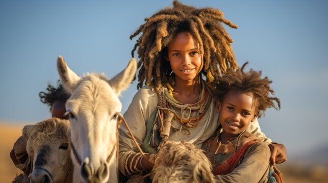 African children with dreadlocks from the nomadic Wodaabe tribe, sitting on the backs of a donkey during the moving season against the blue sky.