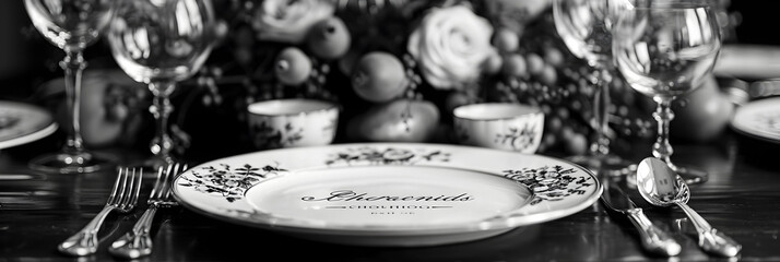 Fototapeta na wymiar spoon with a spoon, A festively laid table in black and white