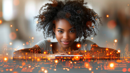 Close up of a young woman's face with advanced facial recognition interface graphics overlaying her features, symbolizing cutting edge biometric technology.