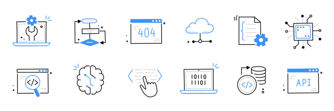 Software code icon doodle set. Hand drawn line sketch software coding doodle. Computer program build technology, data operate, application product test icon. Program build vector illustration