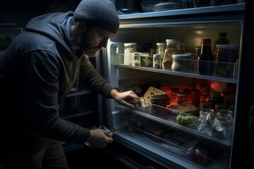 A man is standing in front of an open refrigerator, examining the contents inside. He appears to be cleaning out the shelves and organizing the items stored within