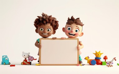 Two 3D cartoon characters pointing at a whiteboard sign. 3D display. Advertisement illustrations.