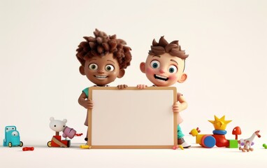 Fototapeta premium Two 3D cartoon characters pointing at a whiteboard sign. 3D display. Advertisement illustrations.