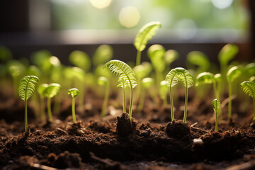 Close up of tiny fern seeds sprout and germinate into newborn fern plants into lush green fronds by the warmth of sunlight and the nourishment of rich soil - obrazy, fototapety, plakaty